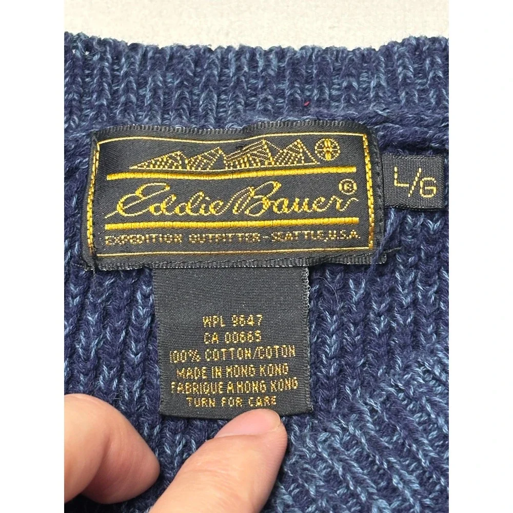 Vintage Eddie Bauer Mens Blue Cotton Heavy Knit Crewneck Sweater‎ Large Indigo